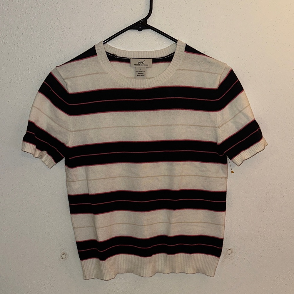 Brooks Brothers White Short-Sleeve Crew with Black & Pink Stripes
